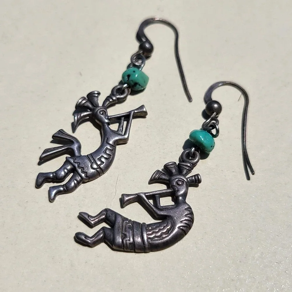 Vintage Silver Tone Turquoise Kokopelli Flute Player Drop Earrings Silver